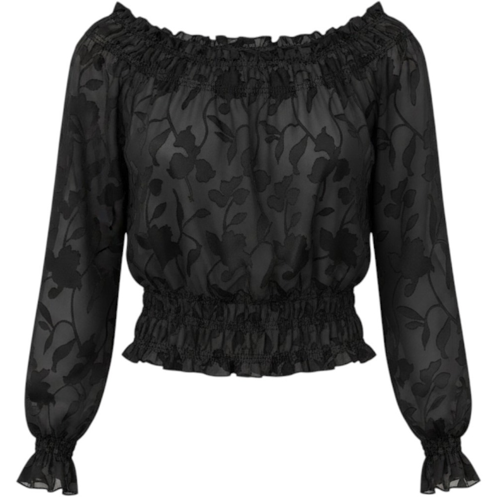Patra Blouse Women Large Black Floral Burnout Off Shoulder Smocked Witchy Top
